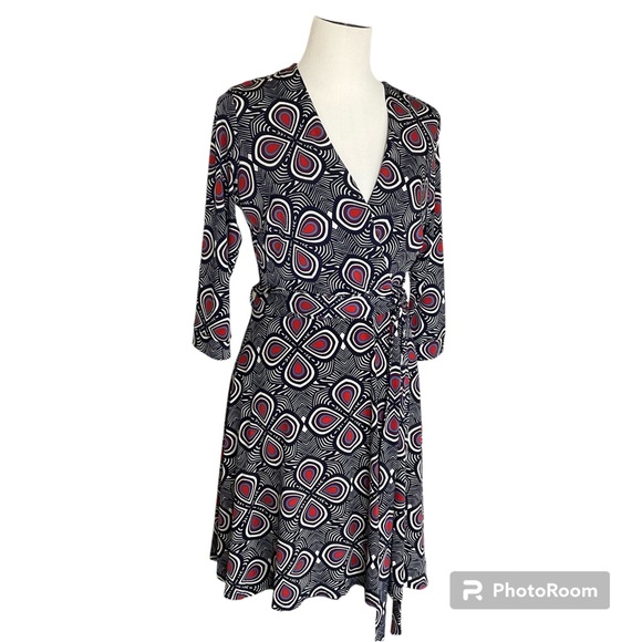 Blue Retro Print Faux Wrap Dress Pockets Size 6 - Picture 1 of 10